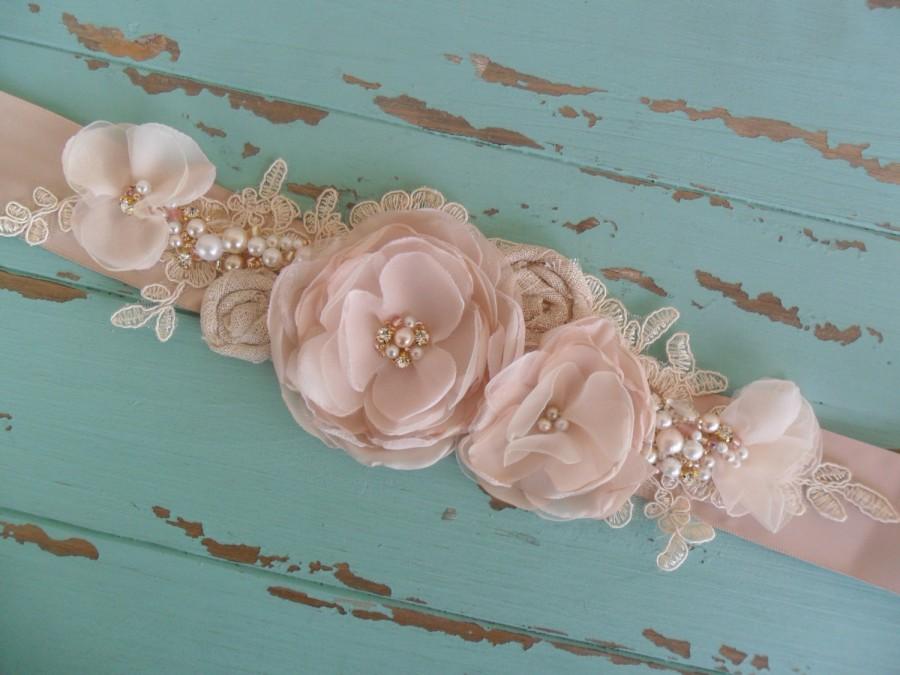 Hochzeit - Wedding Sash, Floral Bridal Sash, Rose Gold/Blush Sash, Vintage Sash, Lace Sash, Pearl & Rhinestone Sash, YOUR CHOICE COLOR, Bridal Sash