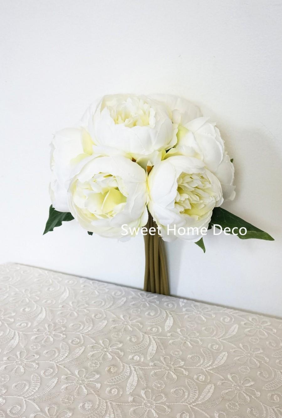 Mariage - JennysFloweShop 11'' Silk Peony Artificial Flower Bouquet Wedding/Home Decorations (10 Stems/7 Flower Heads) White/Green