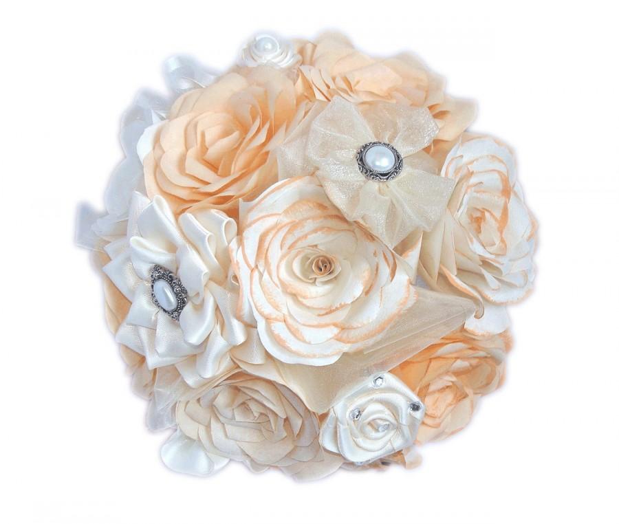 Свадьба - Peach paper rose bouquet - Brooch bouquet - Wedding bouquet - Peach Ribbon bouquet - Pearl brooch bouquet