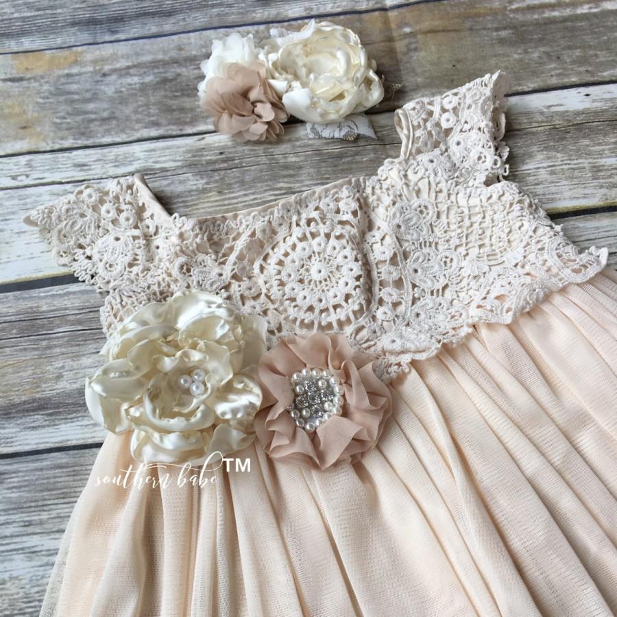 Wedding - Cream Flower Girl Dress, Lace baby dress, Rustic Flower Girl Dress, Country Flower Girl Dress, Lace girls dresses, Ivory Tulle Dresses