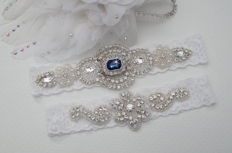 Wedding - Wedding Garter Set, Bridal Garter Set, Vintage Wedding, Something Blue,  Crystal Garter Set  - Style 600