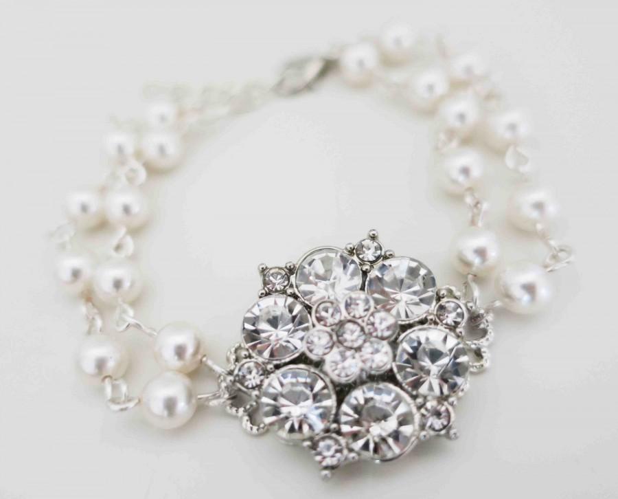 Hochzeit - Swarovski Pearl and Rhinestone Bracelet Bridal Statement Bracelet Wedding Jewelry for Brides Crystal Bridal Bracelet Bridesmaid Emily - $50.00 USD