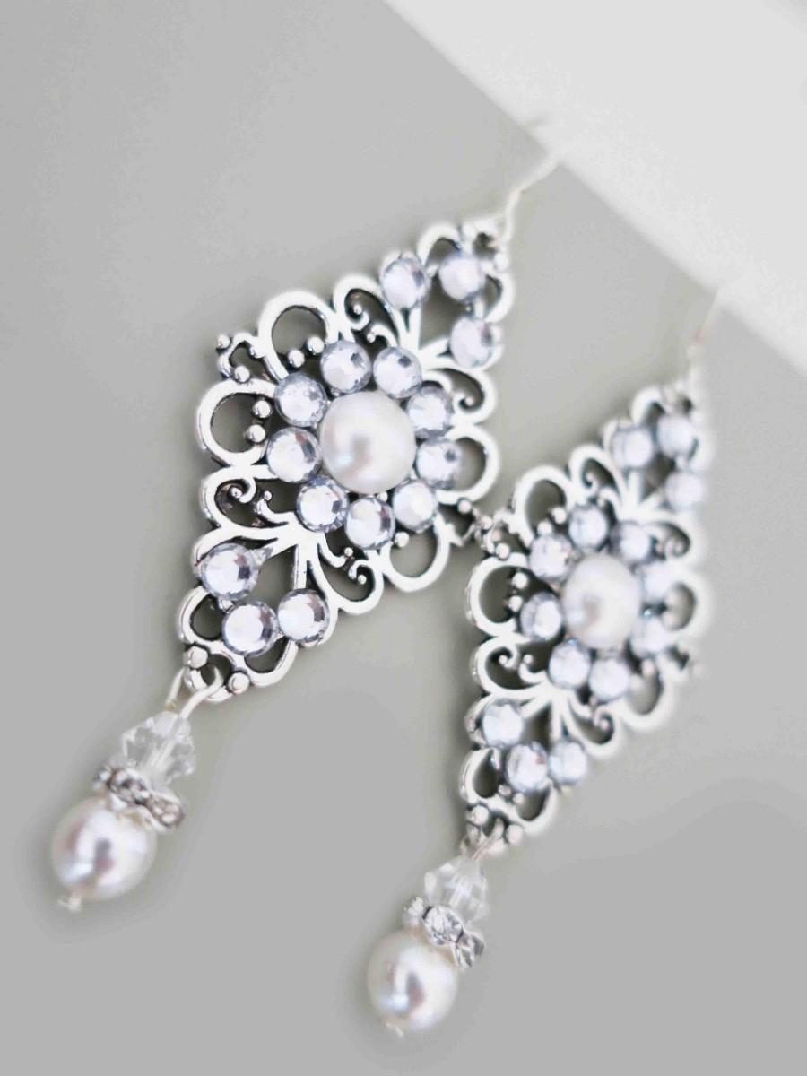 Hochzeit - Crystal Pearl Earrings Wedding Chandelier Earrings Bridal Jewelry Art Deco Swarovski Ivory White Pearl Sterling Silver Bridesmaid Jewelry - $35.00 USD