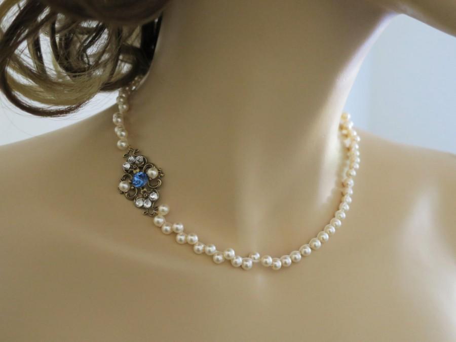 Wedding - Pearl and Crystal Necklace Wedding Jewelry for Brides Vintage Style Bridal Necklace Something Blue Bridesmaid Necklace Bronze Wedding Sukran - $52.00 USD