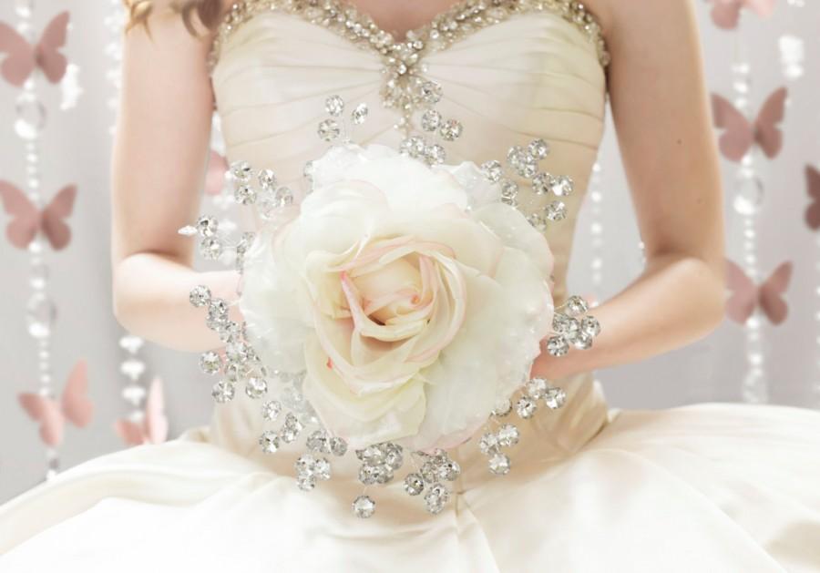 زفاف - Bridal Bouquet - Large Silk Rose Bridal Bouquet w/ Silver Beads - Glamelia Compostite Wedding Bouquet - Fabulous Brooch Bouquet Alternative