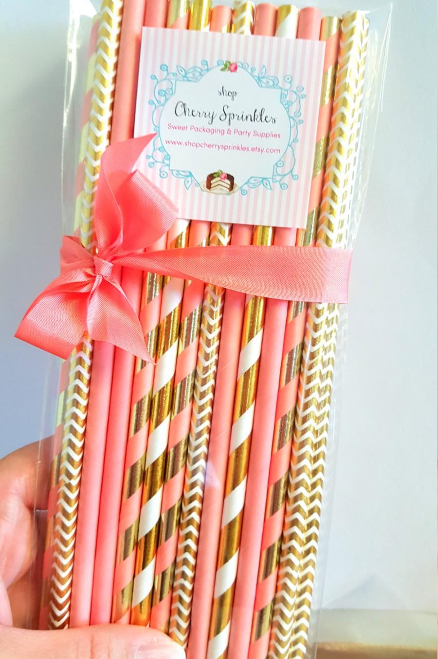 Mariage - Coral and Gold - GOLD FOIL Straws *Coral Straws *Coral Wedding Decor - Coral Party -CORAL *Gold Wedding *Gold Straws *Coral Decorations