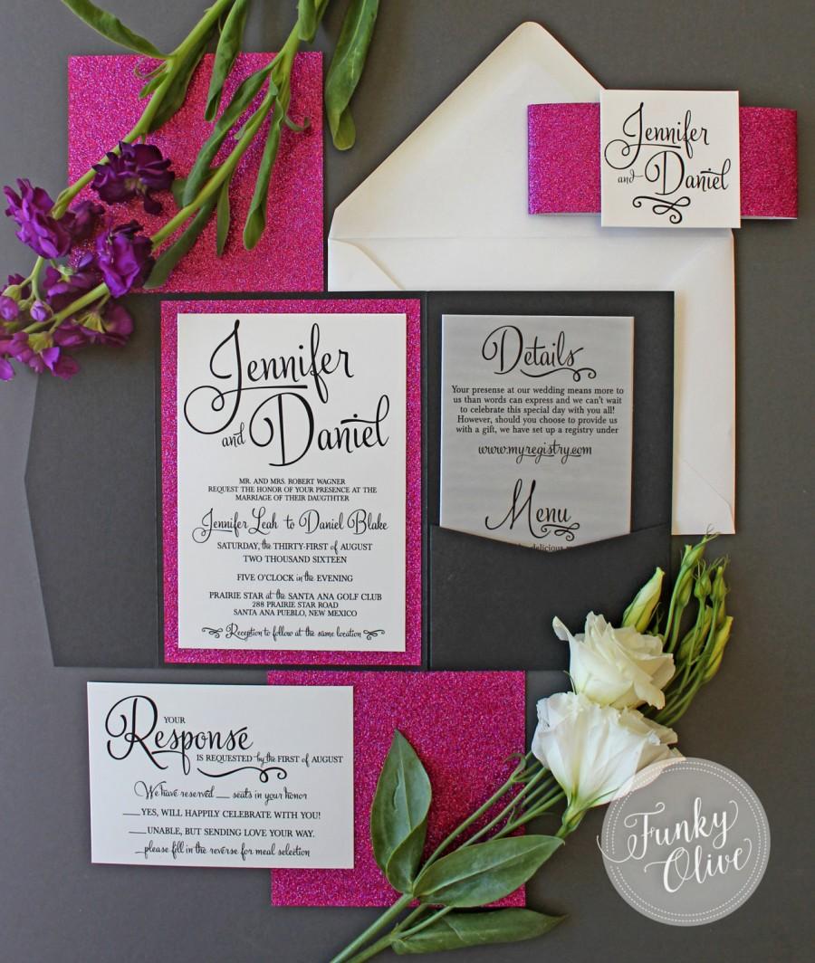 Свадьба - Invitation Pink & Black Glitter Wedding Pocketfold Package RSVP Accommodations Card Custom Colors Available Metallic Shimmer Belly Band