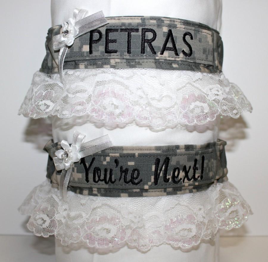 Hochzeit - Military Bridal Garters (White Lace) - Army, Navy, Marines & Air Force