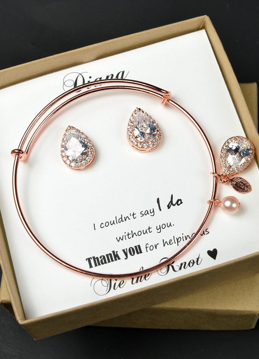 Wedding - Personalized Bridesmaid Gift, Bridesmaid Earrings Bracelet Set, Crystal Wedding Jewelry Gift Set, Bridal Studs and Bracelet Set ,rose gold