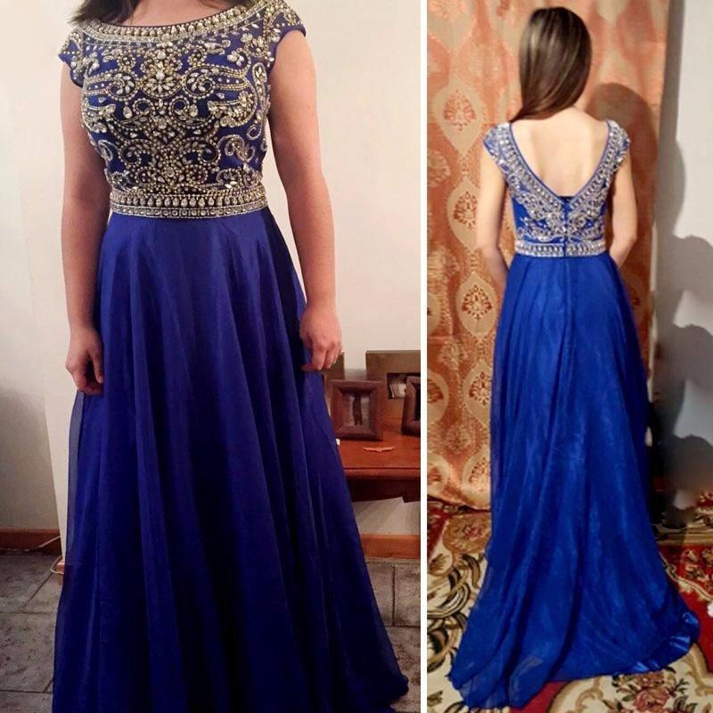 Mariage - royal blue prom dress, beaded prom dress,long green prom dress, cap sleeves prom dress,chiffon evening gown,BD3154