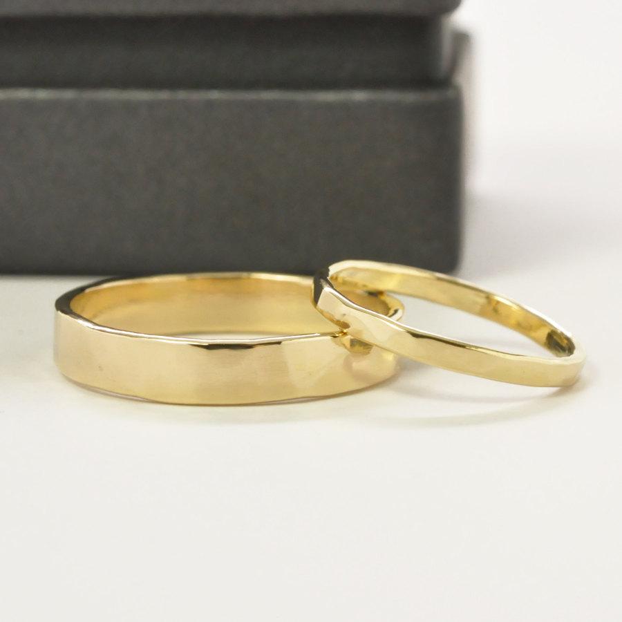 زفاف - Yellow Gold Wedding Band Set, 18K, Faceted Texture, Custom Made Rings, Sea Babe Jewelry