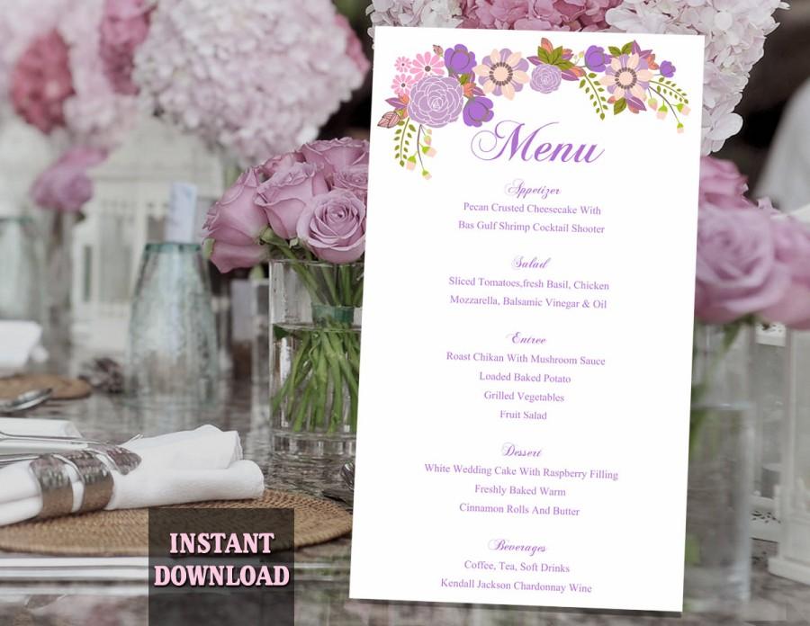 Hochzeit - Wedding Menu Template DIY Menu Card Template Editable Text Word File Instant Download Purple Menu Floral Menu Template Printable Menu 4x7" - $6.90 USD