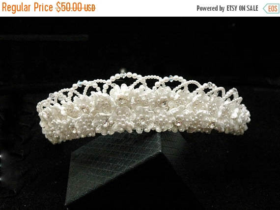 Hochzeit - Vintage Style Lace Bridal Crown, Wedding Halo, Flower Lace Tiara, Crystal Headband, Beaded Wedding Headpiece, Wedding Hair Accessories - $45.00 USD