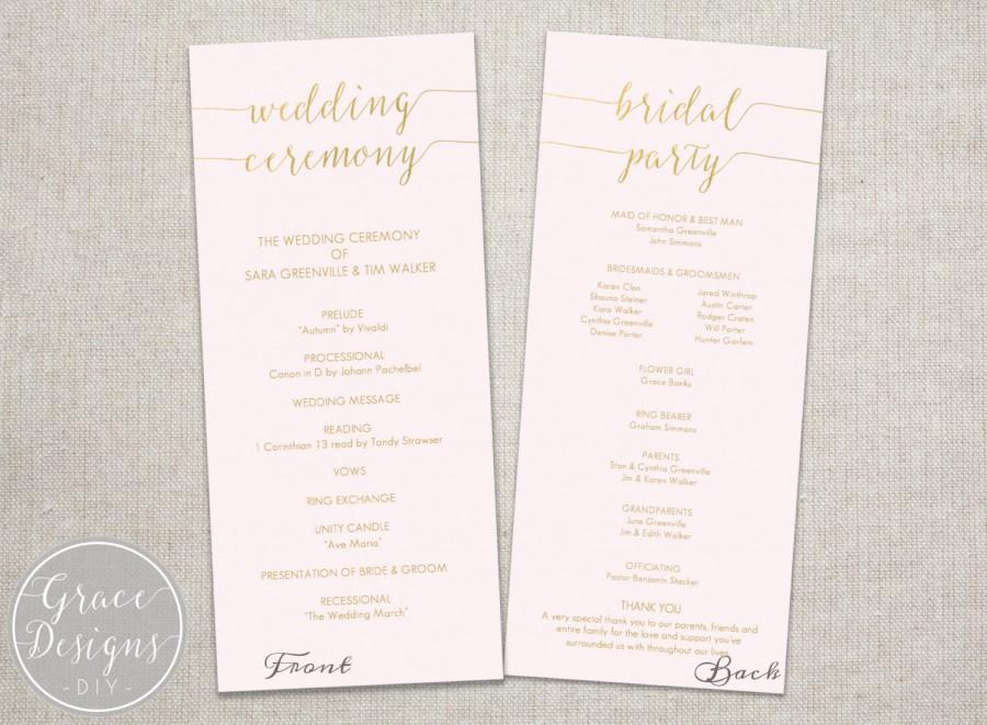 Hochzeit - Blush and Gold Slant Tall Slant Program Printable Template/Editable in Microsoft Word/DIY Instant Digital Download/4" x 9" double sided