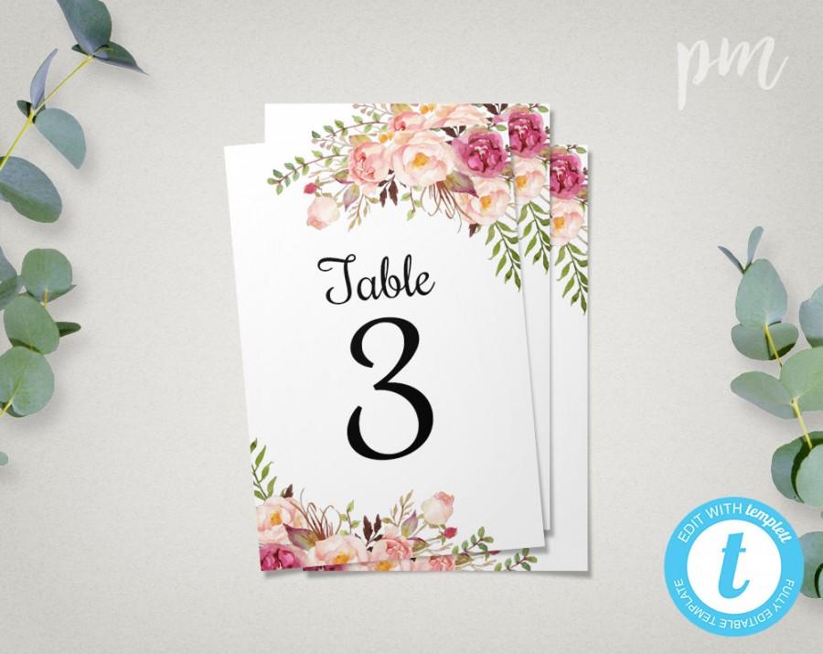 Свадьба - Floral Wedding Table Numbers Template, 4x6 Printable Table Number Cards with Flowers, Easy to Edit in our Web App, Instant Download