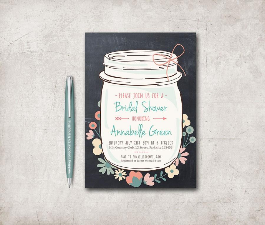 Hochzeit - Mason Jar Bridal Shower Invitation Printable, Rustic Birthday Invitation, Chalkboard Bridal Shower Invite, Country Bridal Shower, Digital
