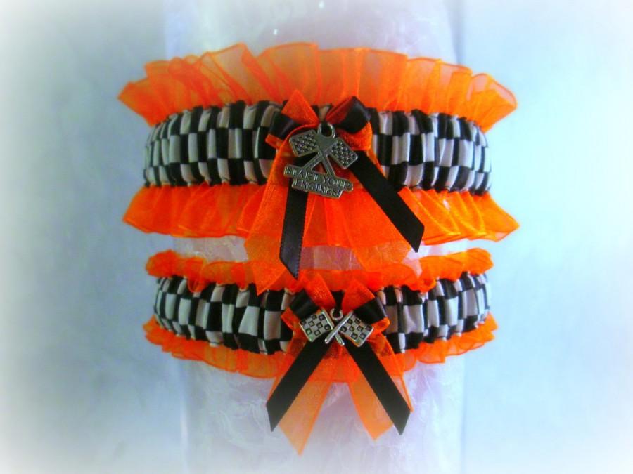 Hochzeit - Racing inspired wedding garter set with checkered flags charms