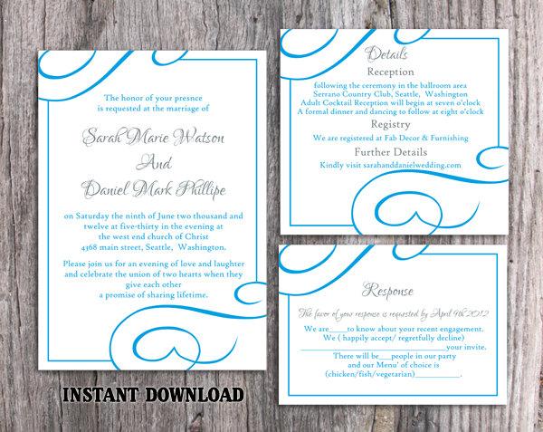 Свадьба - Wedding Invitation Template Download Printable Wedding Invitation Editable Blue Invitations Elegant Invites Turquoise Wedding Invitation DIY - $15.90 USD
