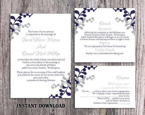 Wedding - Wedding Invitation Template Download Printable Invitations Editable Leaf Invitation Navy Invitations Blue Invitation Silver Gray Invitation - $15.90 USD