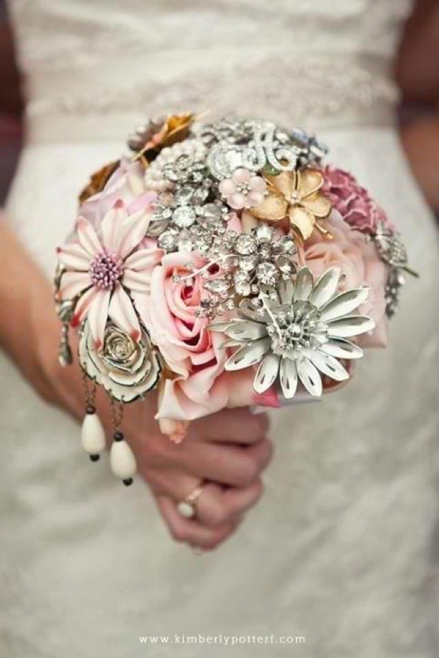 Hochzeit - Brooch Bouquet - Custom Heirloom Bouquet with Silk Flowers Handmade by The Ritzy Rose - High Quality Soldered Designer