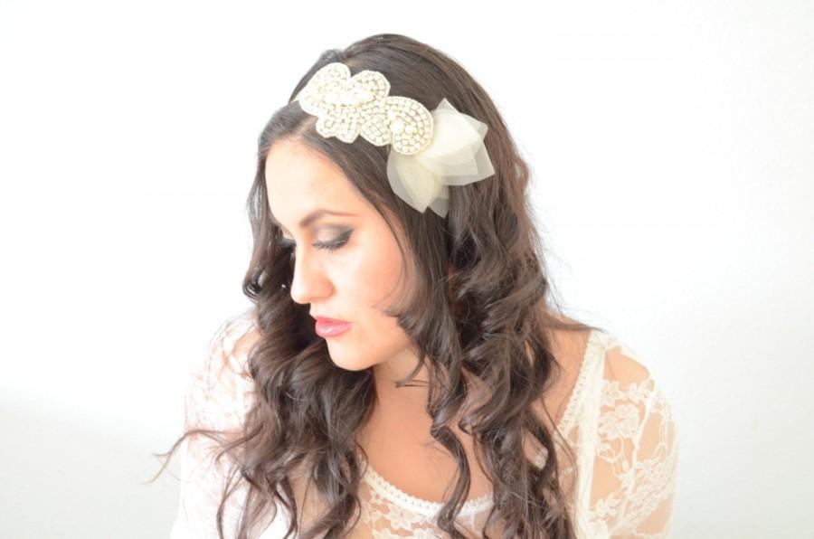 Hochzeit - READY TO SHIP Bridal Ivory petal Rhinestones with pearl Headband,Tulle rhinestone pearl headband with organza flower petals,illusion tulle