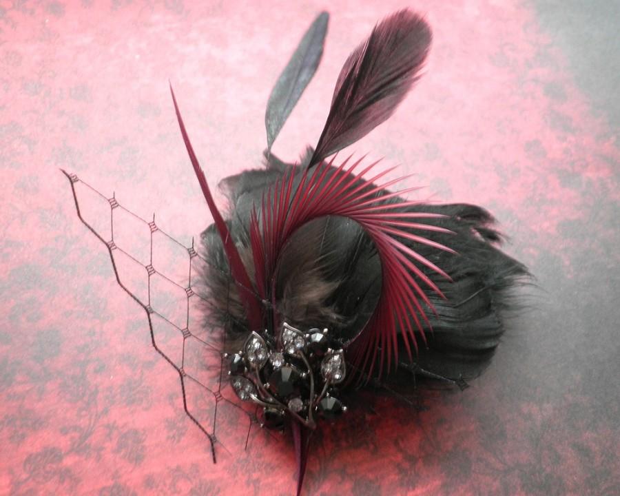 Mariage - Black Feather Hair facinator, Bridal accessory, feather hair clip, french netting, red, black, valentines - Lustful Night