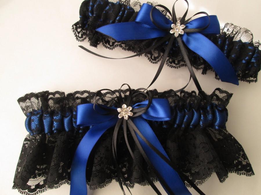 Mariage - Royal Blue WEDDING or PROM Garter Set, Black Bridal Garters, Royal Blue & Black Lace Garters, Noir, Gothic Lolita, Keep-Toss