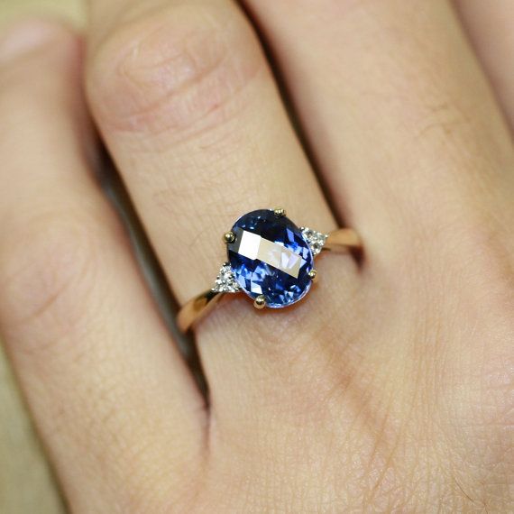 Wedding - Oval Sapphire Solitaire Engagement Ring In 10k Yellow Gold Sapphire Wedding Ring September Birthstone Ring, Size 7 (Resizable)