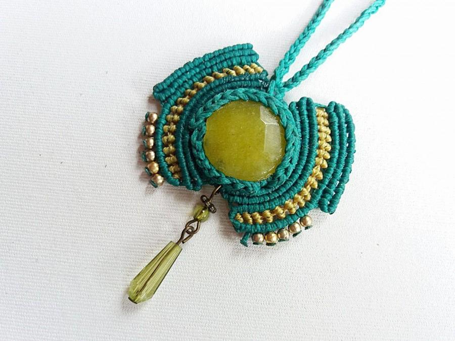Wedding - Handmade macrame agate gemstone pendant, yellow green agate necklace, bohemian style boho necklace, healing stone necklace, hippie wire
