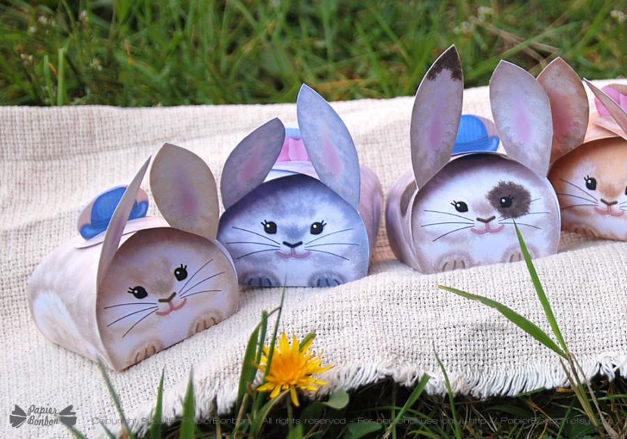 Свадьба - Bunny favor box Printable, Easter party gift box, Easter party decor, spring celebration, 6 cute fluffy bunnies, rabbits, DIY Easter bags