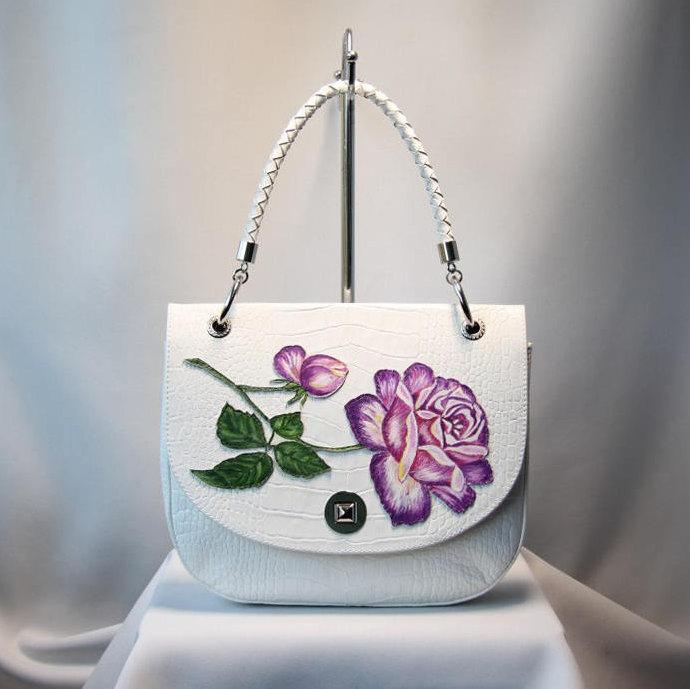 Wedding - leather bag, handmade bag, white bag, vintage bag, flower bag, gift for her, rose, rose bag, women bag, handmade leather bag, top handle bag