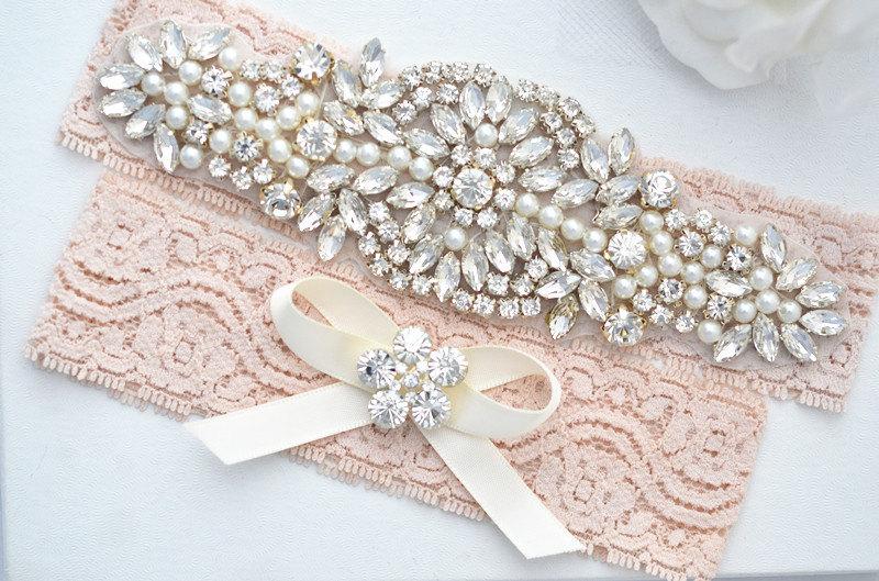 Hochzeit - BLUSH Crystal pearl Wedding Garter Set, Stretch Lace Garter, Rhinestone Crystal Bridal Garters