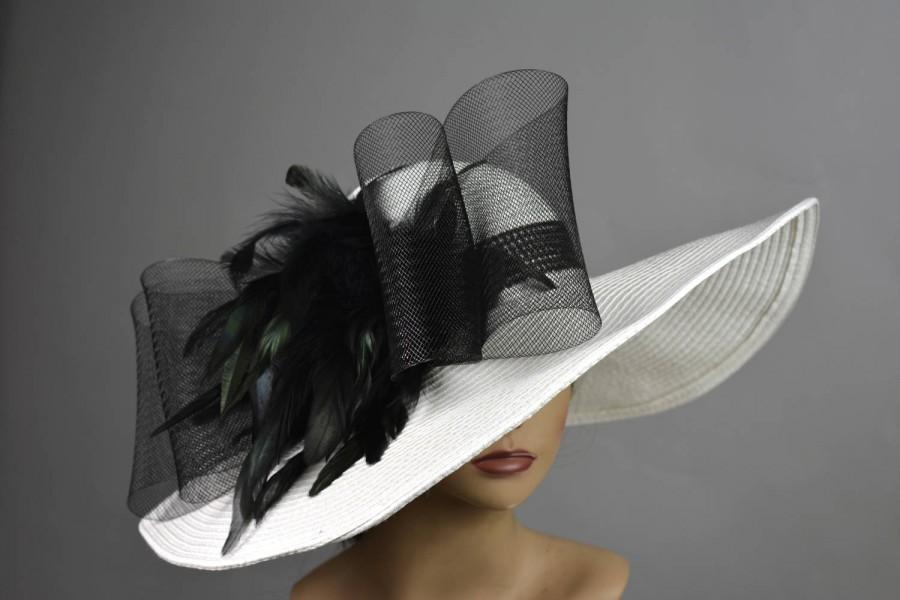 Свадьба - White Black Church Wedding Hat Head Piece Kentucky Derby Hat White Bridal Coctail Hat Couture Fascinator  Bridal Hat Woman Hat Summer Hat