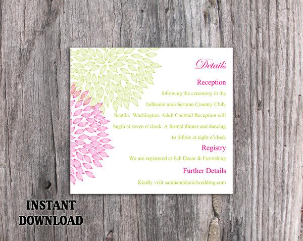Mariage - DIY Wedding Details Card Template Download Printable Wedding Details Card Editable Green Pink Details Card Elegant Floral Information Cards - $6.90 USD