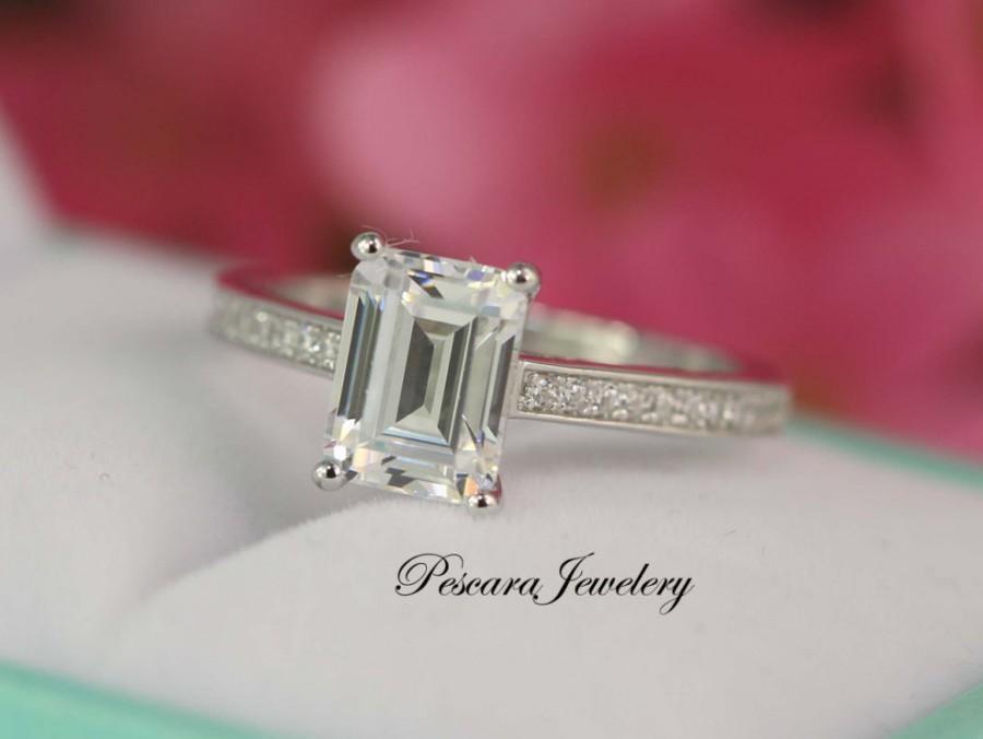 Hochzeit - Emerald Cut Engagement Ring - Solitaire Ring - Prong set engagement Ring - Silver Engagement Ring