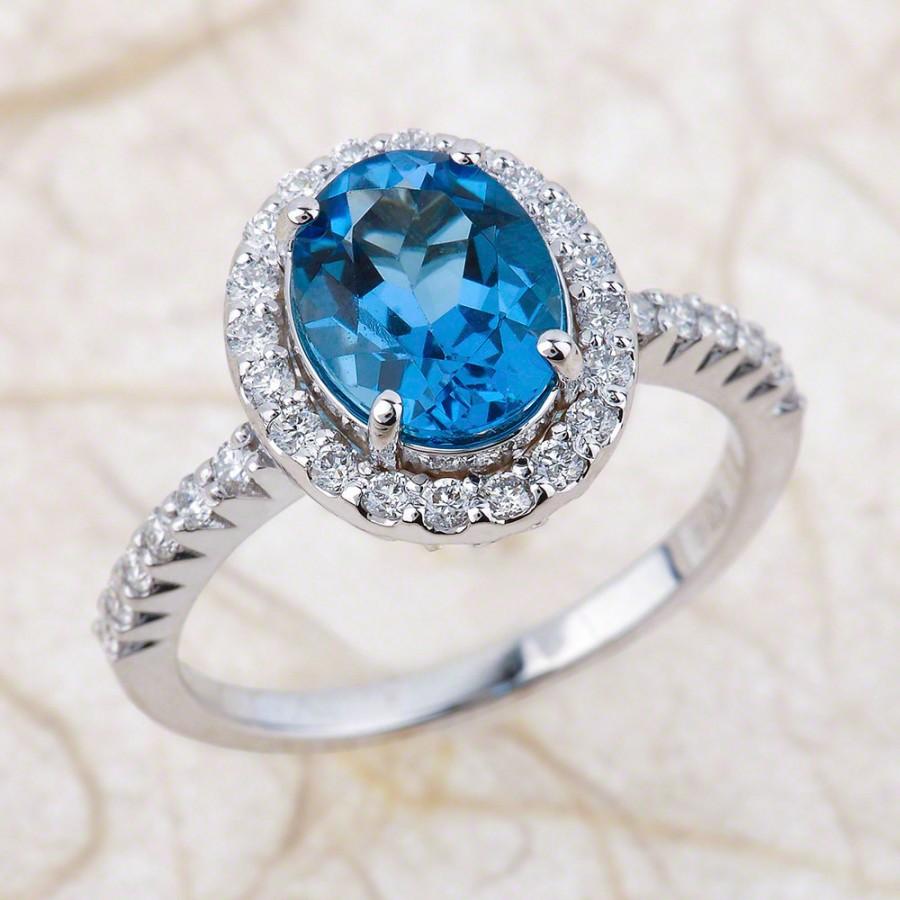 Mariage - Blue Topaz Engagement Ring - Natural London Blue Topaz Engagement Ring - 9x7mm Oval Topaz Wedding Ring Halo Diamond Ring - 14k White Gold