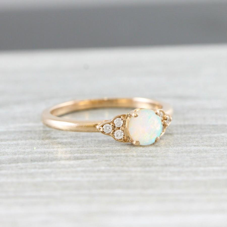 Wedding - Opal and diamond rose/white/yellow gold engagement ring art deco 1920's inspired thin petite band unique ring for her