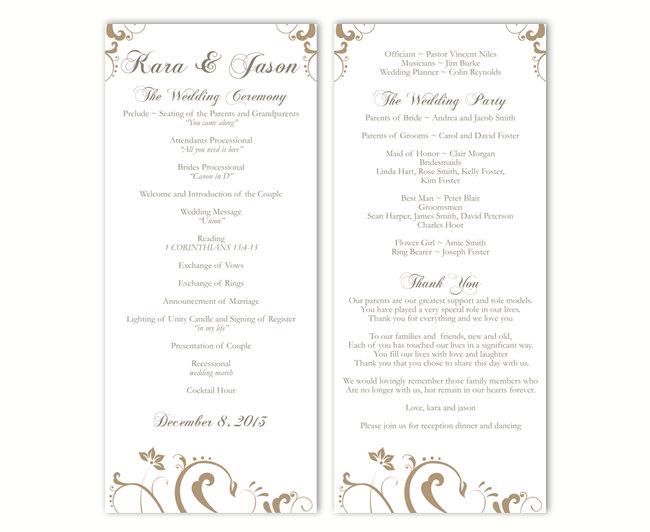 زفاف - Wedding Program Template DIY Editable Text Word File Download Program Gold Wedding Program Floral Program Printable Program 4x9.25inch - $8.00 USD