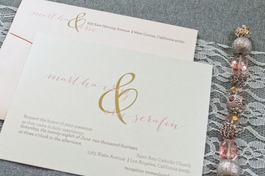 Mariage - Blush Pink Invitation, Gold Wedding Invitation - Ampersand Wedding Invite, Simple Invitation, Shimmery Invitation- Martha and Eric