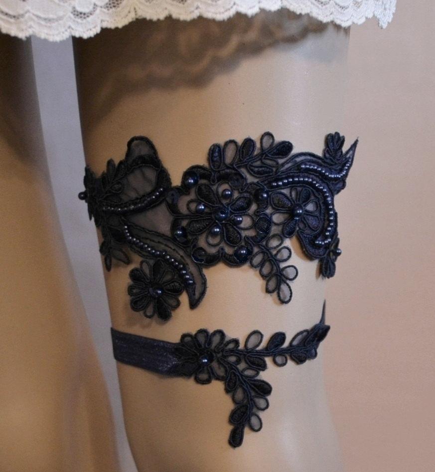 Hochzeit - Black Wedding Garter, Black Lace Wedding Garter Set, Unique Black Floral Lace Bridal Garter Belt, Black Lace Bridal Garter Set, BLL=
