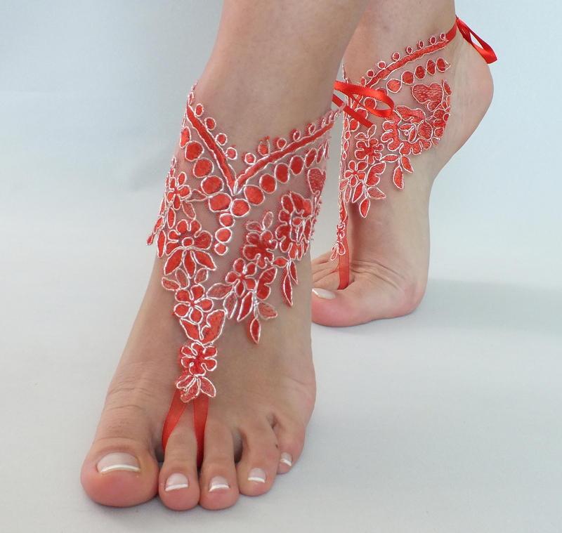 زفاف - Red Lace barefoot sandals Lace Bridal Sandals, Red Silver frame bangle, Slave gypsy anklets wedding anklet, FREE SHIP, bridesmaid gift - $27.80 USD