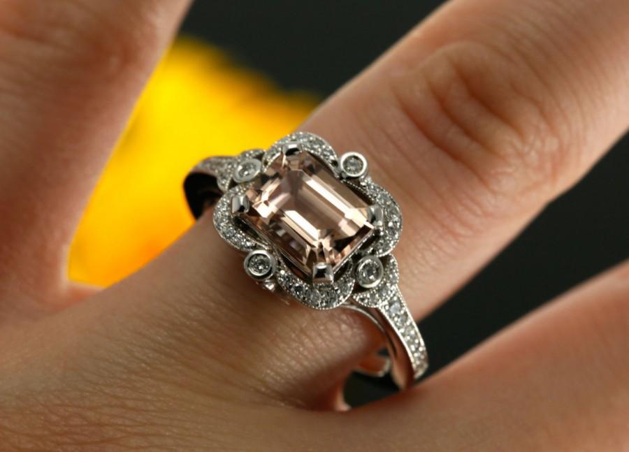 زفاف - 8x6mm Emerald Morganite Halo Engagement Ring with Diamonds  Antique Style Ring (avail. in white gold, rose gold, yellow gold and platinum)