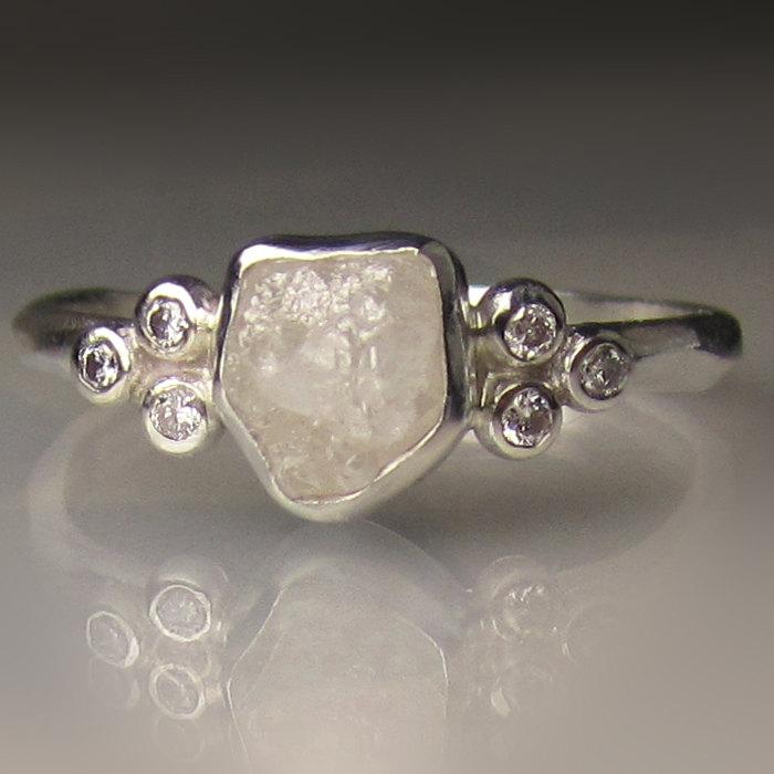 Hochzeit - White Raw Diamond Engagement Ring, Raw Diamond Cluster Ring, Rough Uncut Conflict Free Diamond