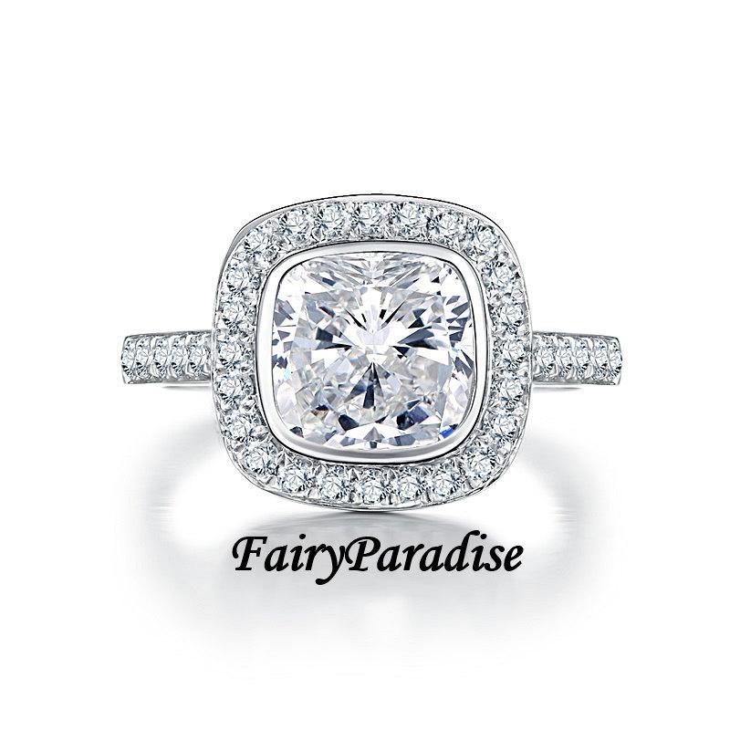 زفاف - 2.5 Ct ( 8 mm) Cushion Cut Halo Engagement Ring / Sterling Silver Bezel Set Promise Ring for her,  Man Made Diamond, Anniversary Ring