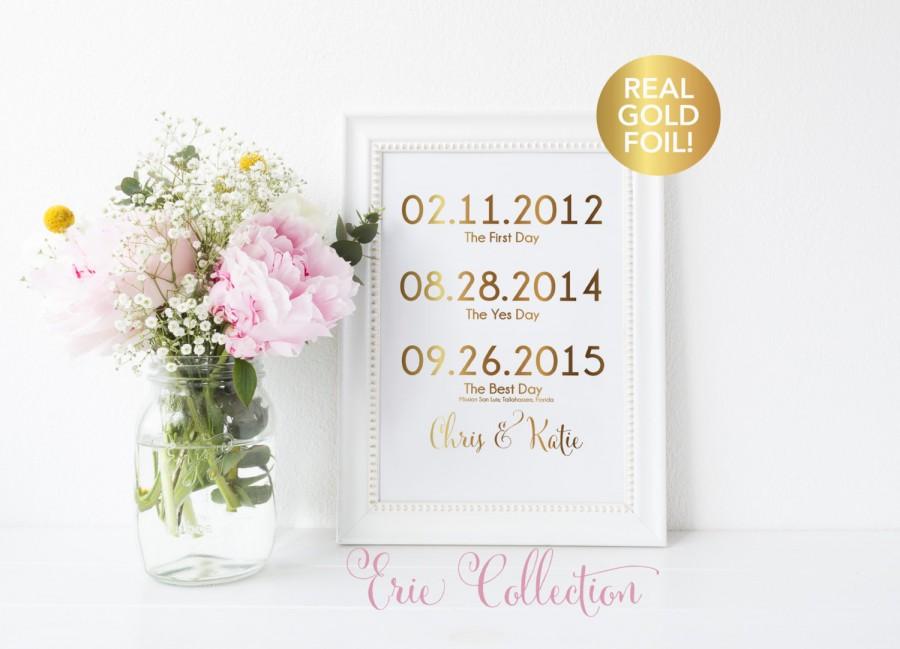Wedding - Wedding Sign Print, Personalized Wedding Gift, Important Dates, The Best Day, The Yes Day, Real Gold Foil, Wedding Print, Custom sign