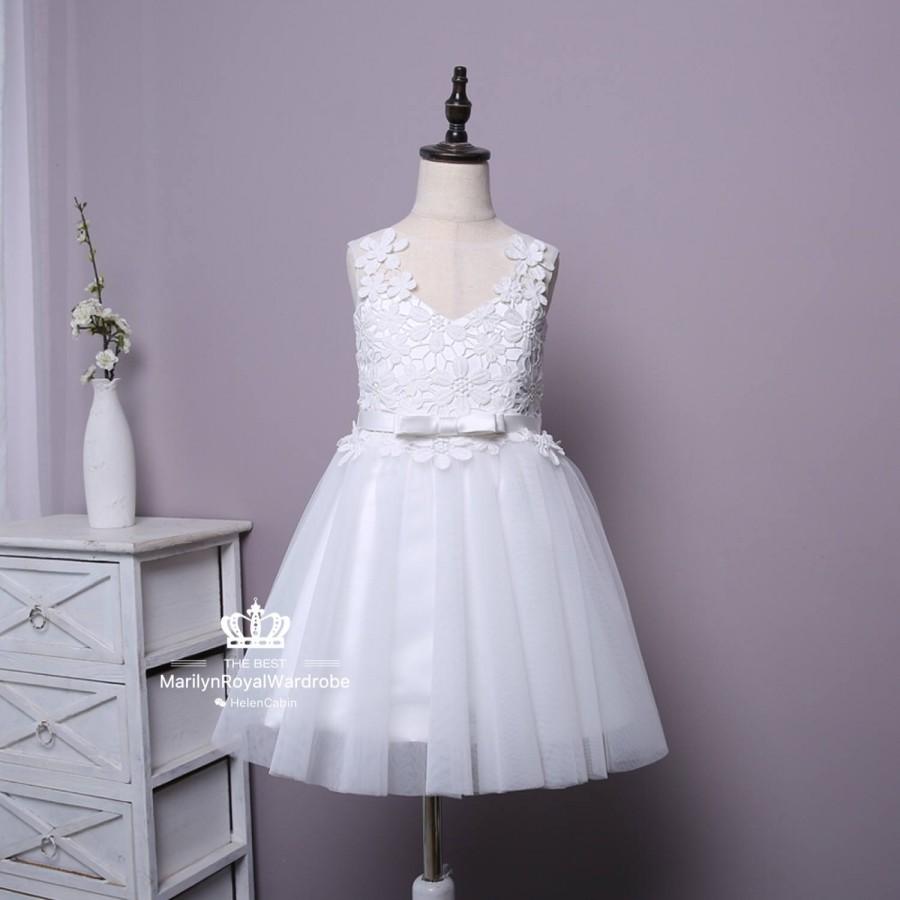 Wedding - Ivory Lace Tulle Flower Girl Dress Junior Bridesmaid Wedding Party Dress With Sash/Bow Knee Length