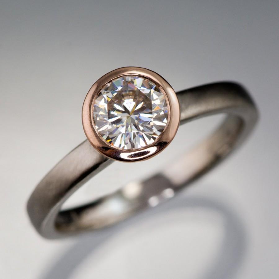 زفاف - Moissanite Rose Gold Bezel Solitaire Engagement Ring with Palladium Band, Modern Mixed Metal Ring, Forever One Moissanite Ring