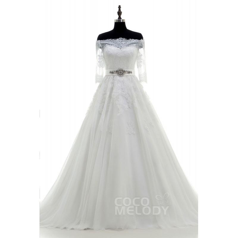 زفاف - Delicate Off the shoulder Train Tulle Ivory Half Sleeve Wedding Dress with Appliques and Crystal - Top Designer Wedding Online-Shop