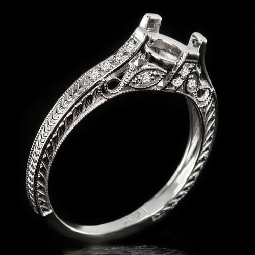 زفاف - Platinum Vintage Diamond Engagement Ring Setting Round Cushion Semi Mount Filigree 3767-PT