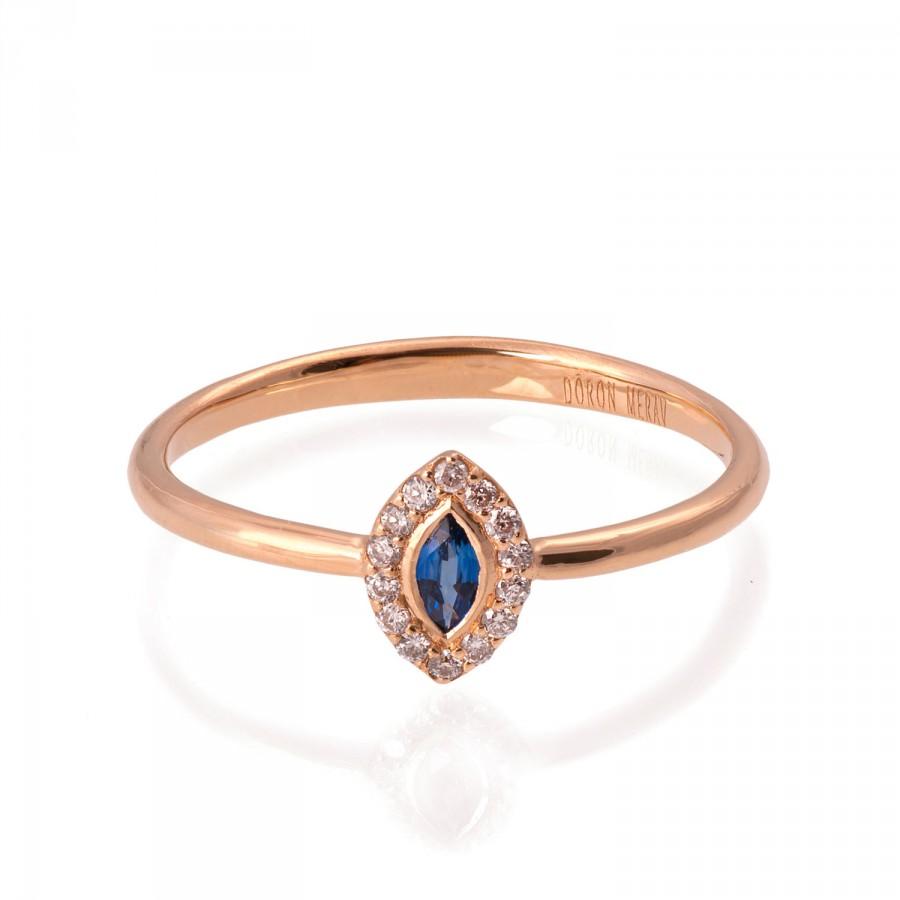 Hochzeit - Marquise Halo Engagement Ring, 18K Gold Sapphire and Diamonds Ring, unique engagement Ring, rose gold engagement ring, Dainty ring, R014